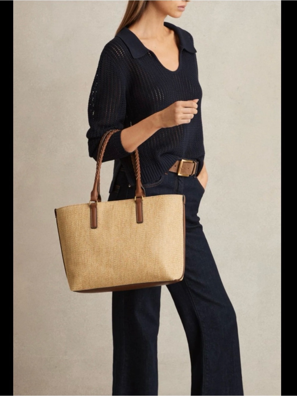 Reiss Noelle Raffia with leather braided straps Tote